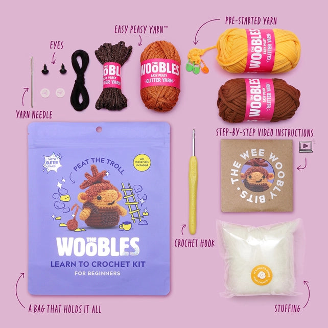 Contents of Peat the Troll crochet kit