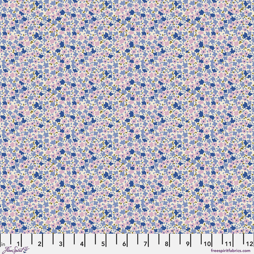 Purple tiny floral print fabric with pink and blue flowers