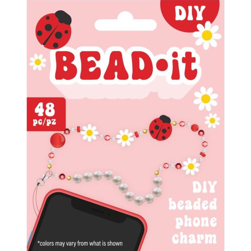 Packaging of DIY BEAD-it phone charm set with ladybug and flower design on a pink background.