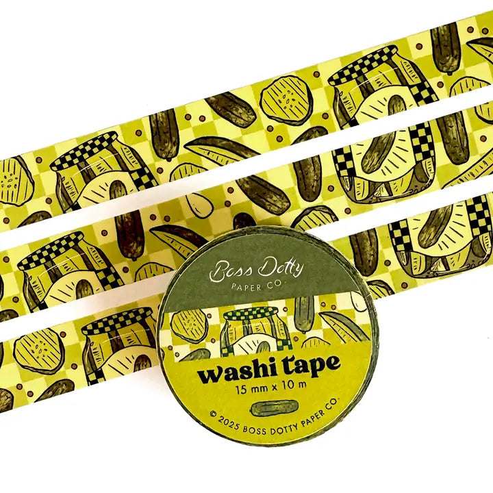 Washi tape with a pickles labeled 'Boss Doity Paper Co'.