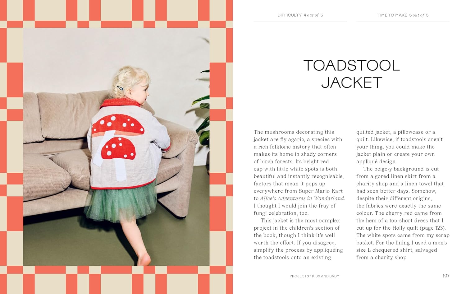 Child wearing a toadstool jacket in a living room setting with text about the jacket.