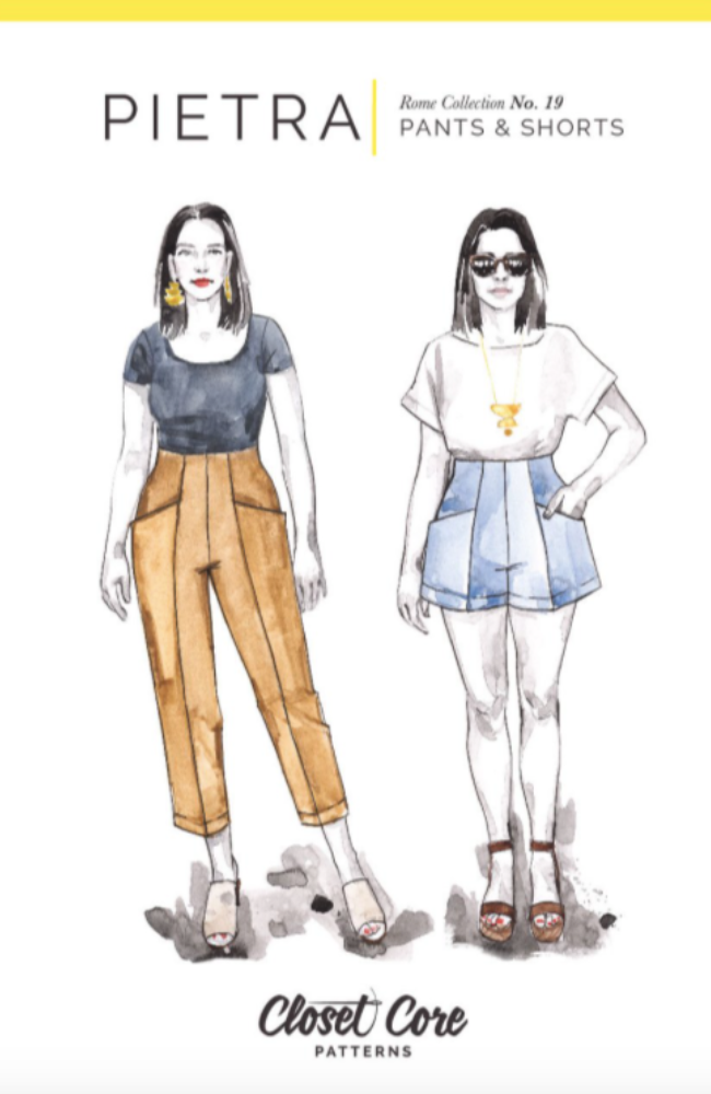 Two illustrations of two versions of the Pietra pants and shorts on a white background with Closet Core Patterns branding and text.
