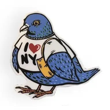 Sticker in the shape of a blue pigeon wearing an I heart NY shirt and carrying a tote bag.