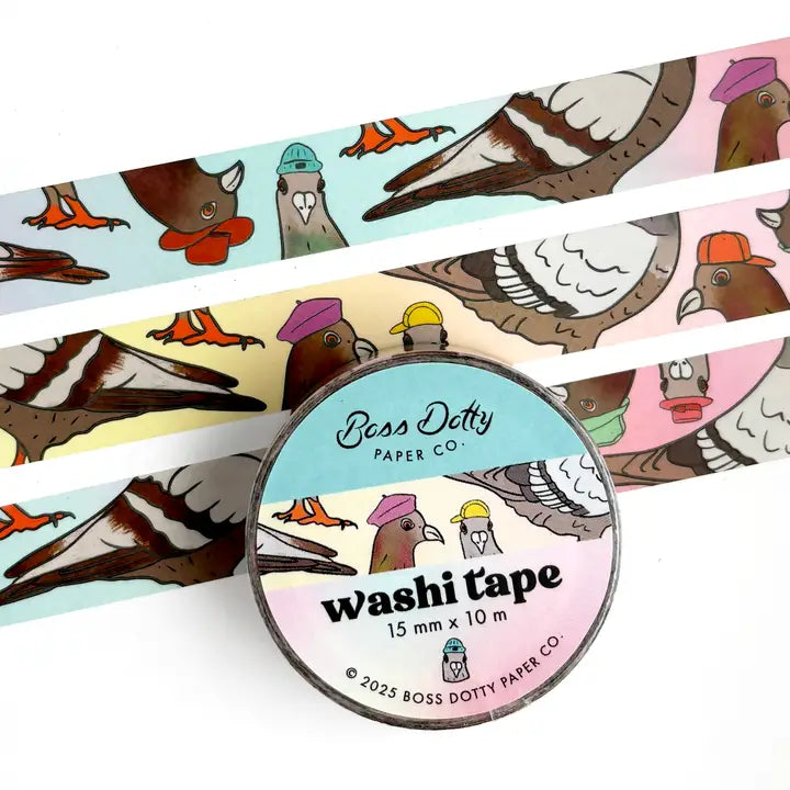 Washi tape with bird illustrations and a round label for Boss Dotty Paper Co.
