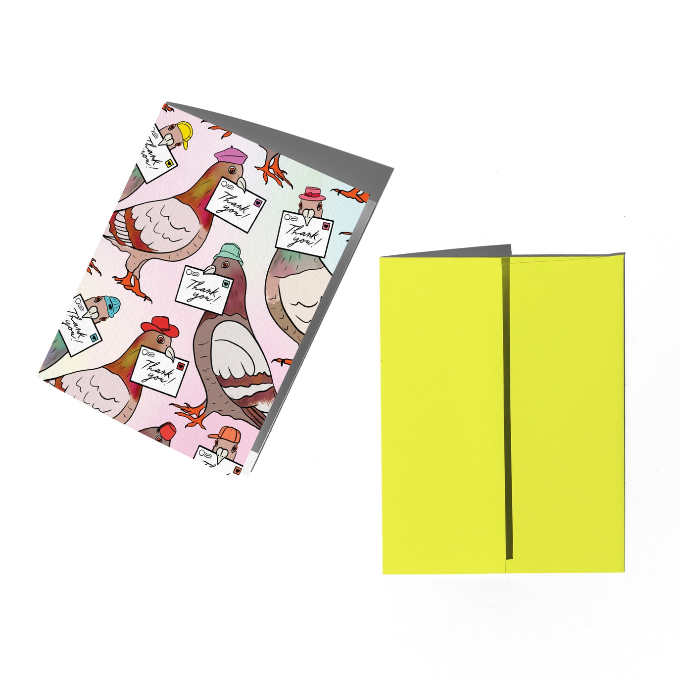 A greeting card set shown on a white background, featuring one card with an illustration of pigeons wearing hats and holding letters that say 'Thank you!', next to a chartreuse envelope.