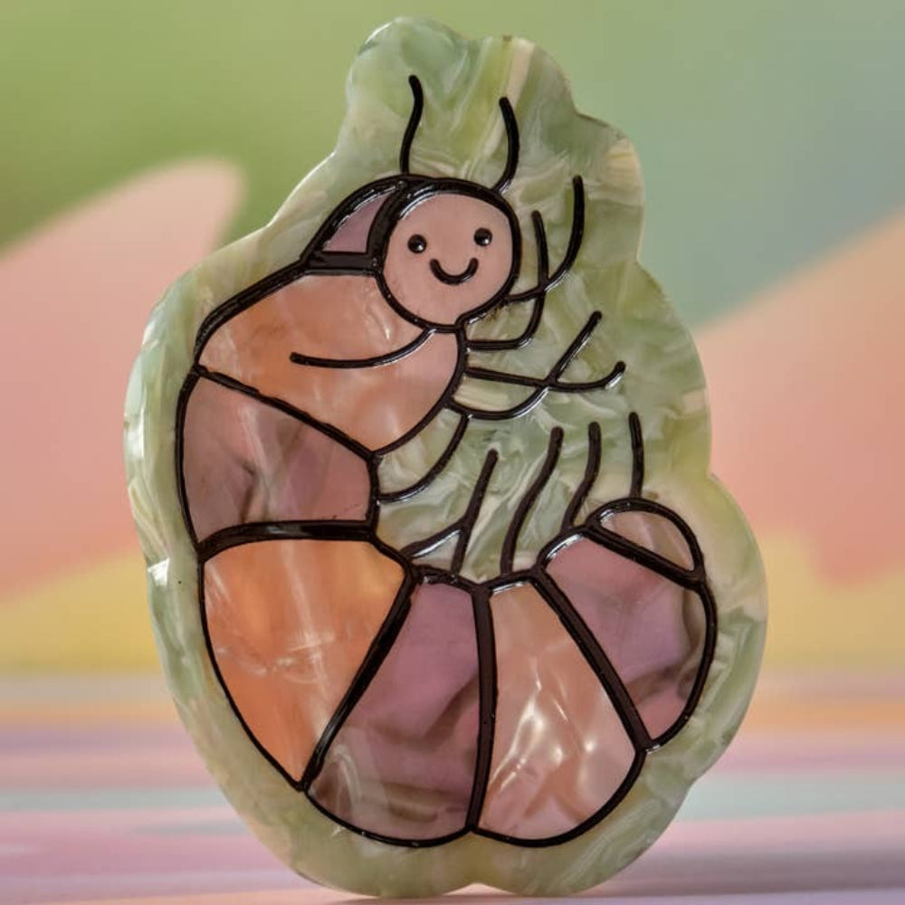 Decorative clip with a pillbug illustration on a colorful background