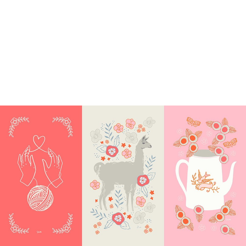 Three vertical fabric panels with different prints: hands holding yarn in a heart shape, a llama with flowers, and a teapot with a bird design on it and flowers around it. All panels in various shades of pink and white.