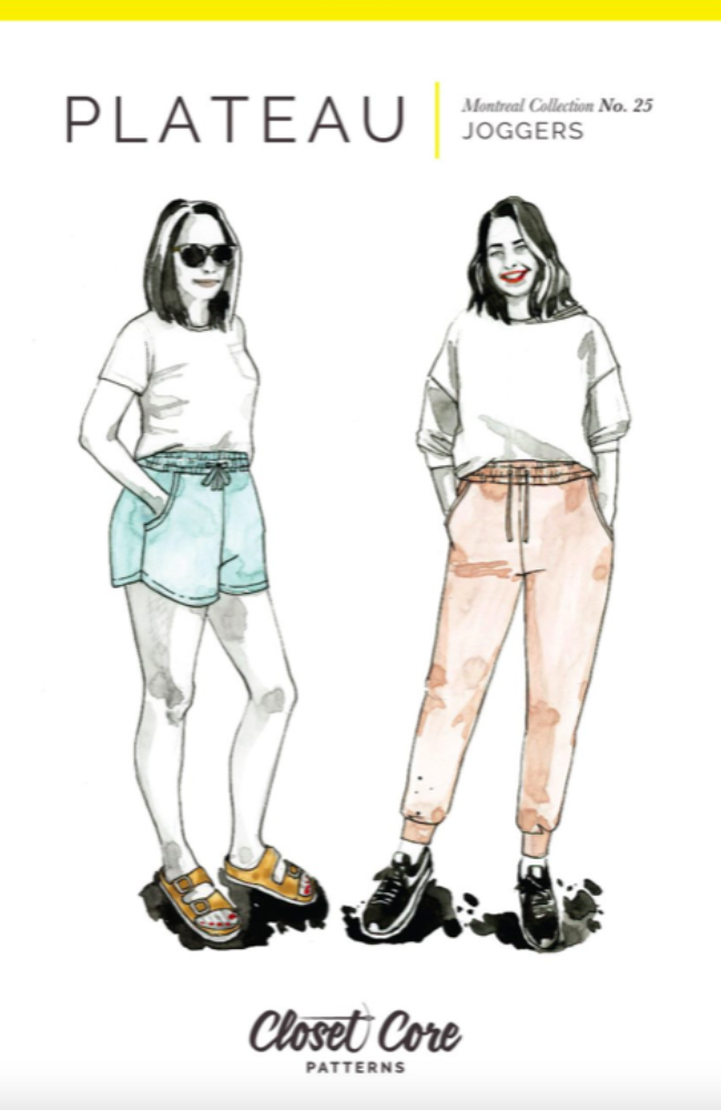 Illustration of two models wearing different versions of the Plateau Joggers, on a white and yellow background with Closet Core Patterns branding and text.