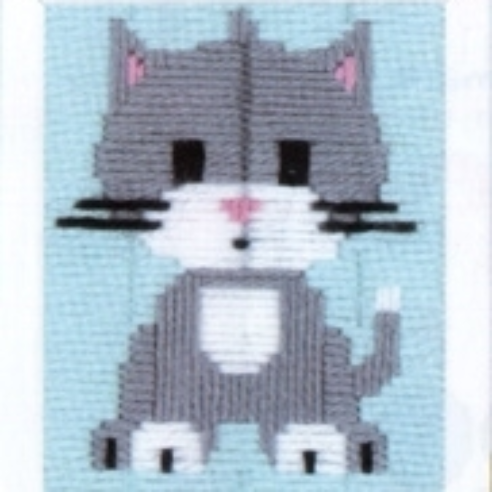 grey cat on blue background needlework canvas