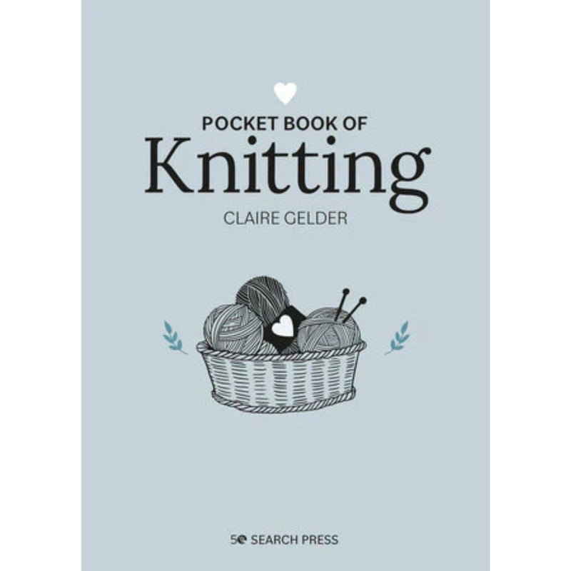 Book cover of 'Pocket Book of Knitting' by Claire Gelder with a light blue background and illustration of yarn balls in a basket.