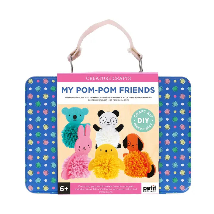 Pom-pom craft kit packaging with colorful pom-poms and 'My Pom-Pom Friends' text on a white background.