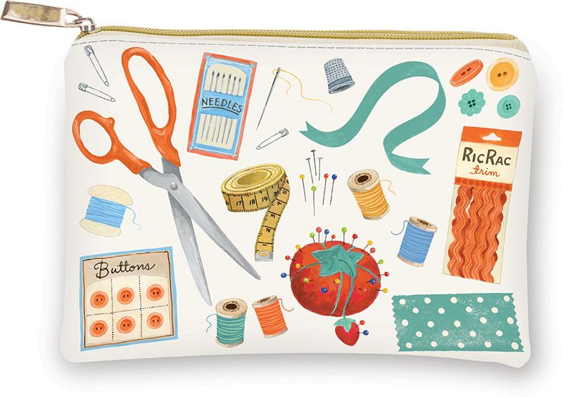 Pouch with sewing-themed illustrations including scissors, thread, and buttons on a white background.