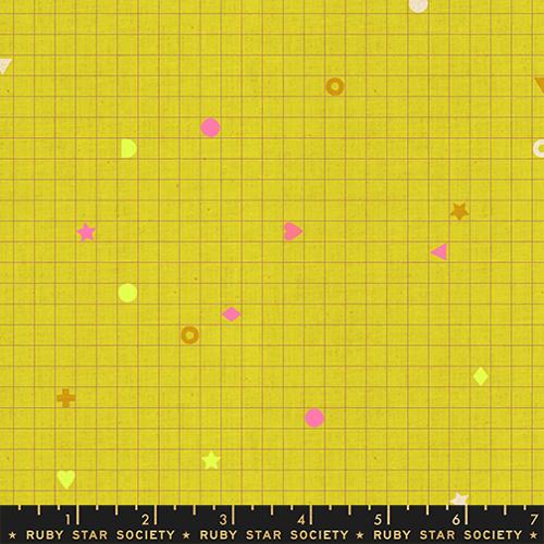 Fabric with a grid pattern and small shapes on a yellow background.