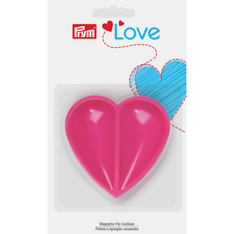 Pink magnetic heart on white, and blue packaging with red Prym logo.