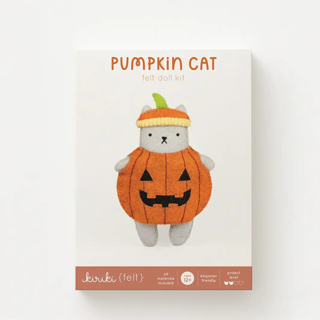 Front of a felt doll kit box labeled 'PUMPKIN CAT felt doll kit' with an illustration of a gray cat wearing an orange pumpkin costume and a green hat, on a white background.