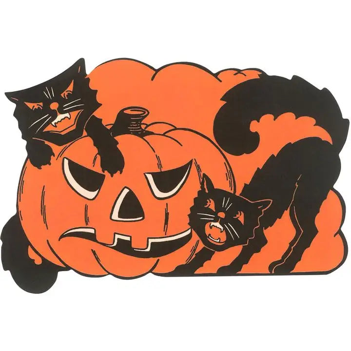 Halloween-themed sticker with a pumpkin and black cats on an orange background