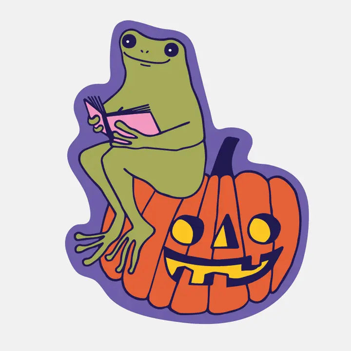 Illustration of a frog reading a book on a pumpkin with a purple border