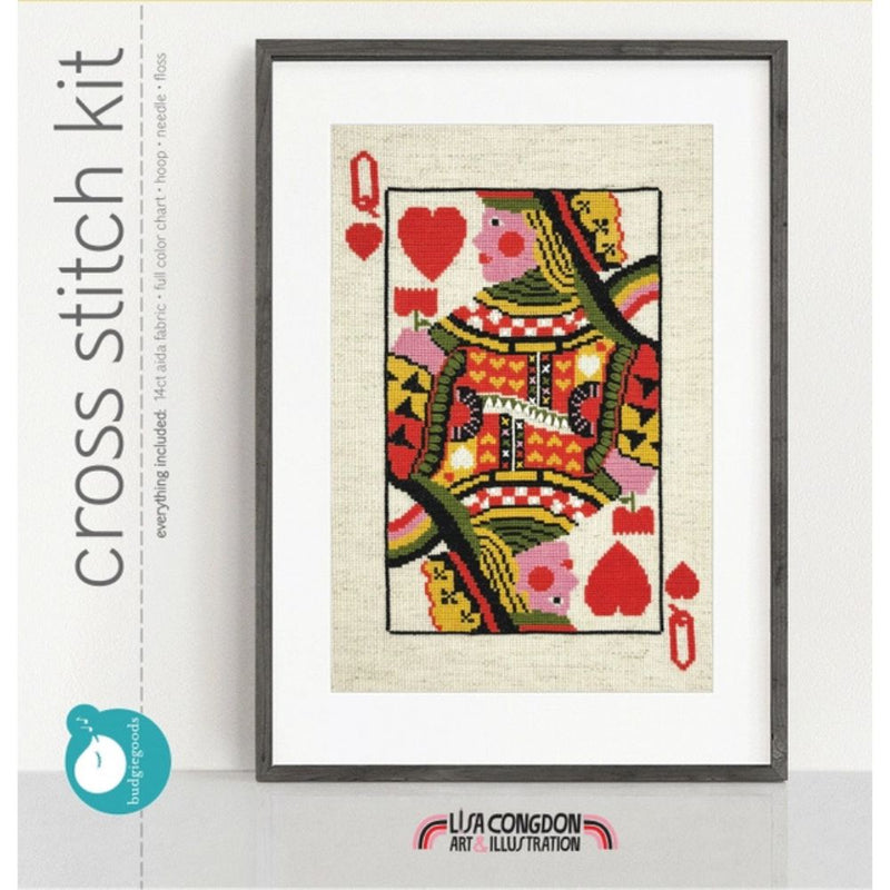 Cross stitch kit with Queen of Hearts design by Lisa Congdon on a white background
