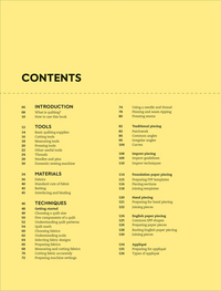 Table of contents for a sewing book on a yellow background