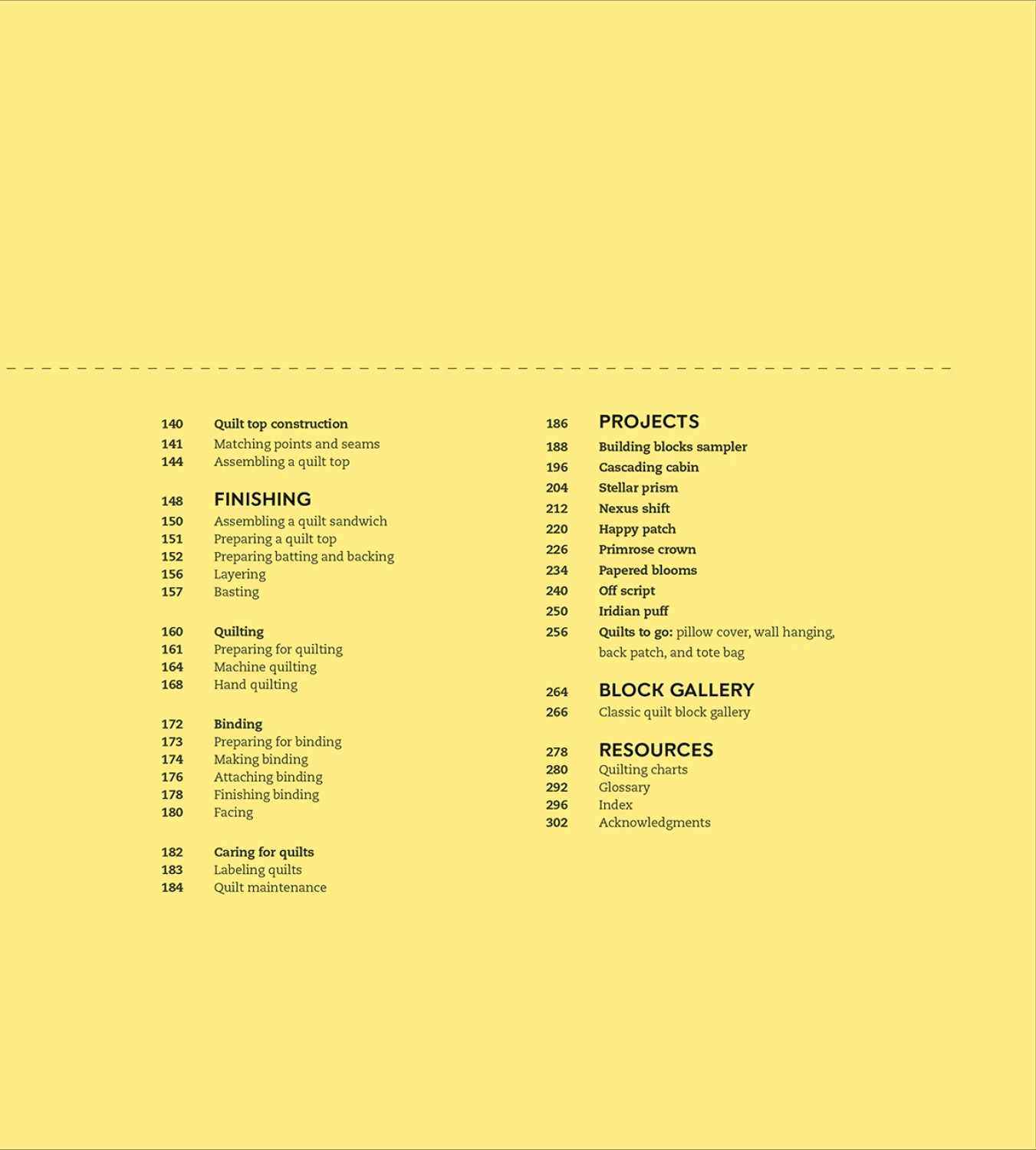Table of contents for a quilting book on a yellow background