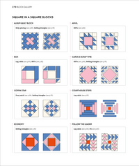 Illustrations of various quilt blocks on a white background