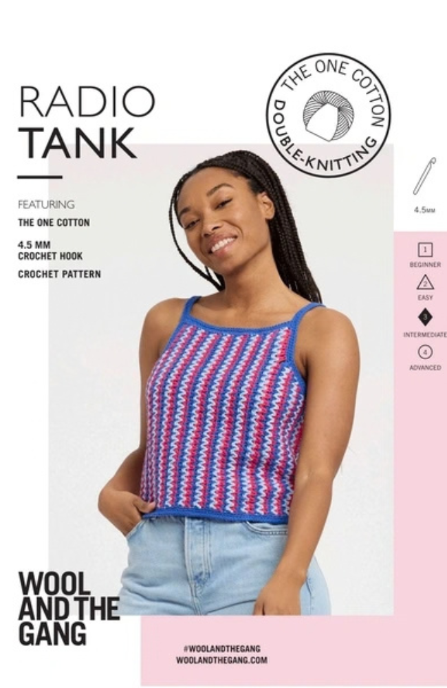 Model in a multicolored striped knit tank top on a white and pink background with Wool and the Gang branding and text.