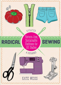 Book cover of 'Radical Sewing' with sewing-related illustrations and text.