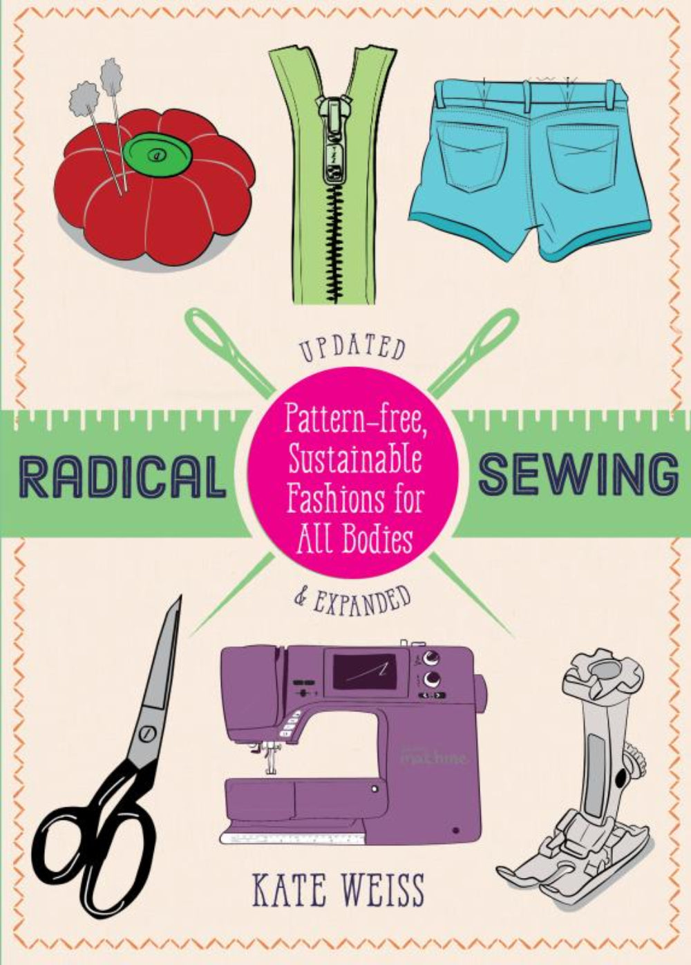 Book cover of 'Radical Sewing' with sewing-related illustrations and text.
