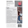 Backpack pattern leaflet with fabric and notion requirements and a photo of person wearing the finished backpack in a grey color.