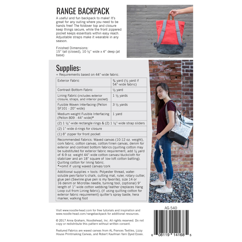 Backpack pattern leaflet with fabric and notion requirements and a photo of person wearing the finished backpack in a grey color.