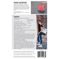 Backpack pattern leaflet with fabric and notion requirements and a photo of person wearing the finished backpack in a grey color.