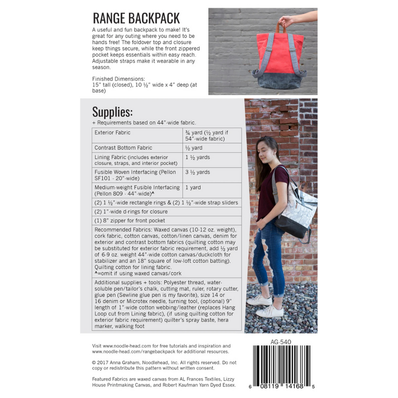 Backpack pattern leaflet with fabric and notion requirements and a photo of person wearing the finished backpack in a grey color.