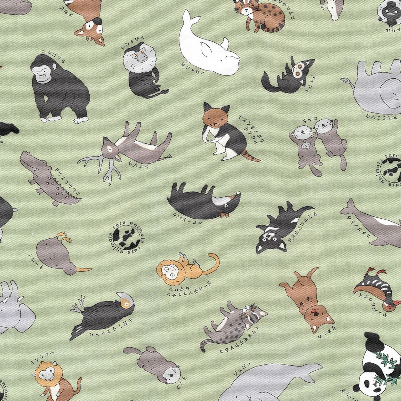 Close up of a green patterned fabric featuring illustrations of various animals including gorillas, deer, monkeys, otters, and birds, each with small Japanese text above them.