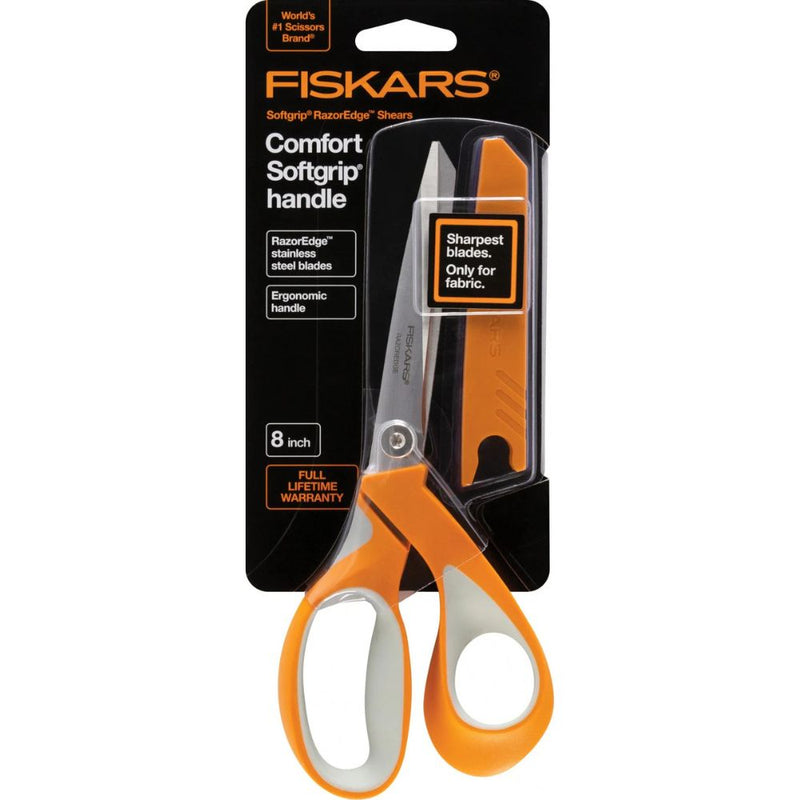 Fiskars 8-inch scissors with orange handles on a white background