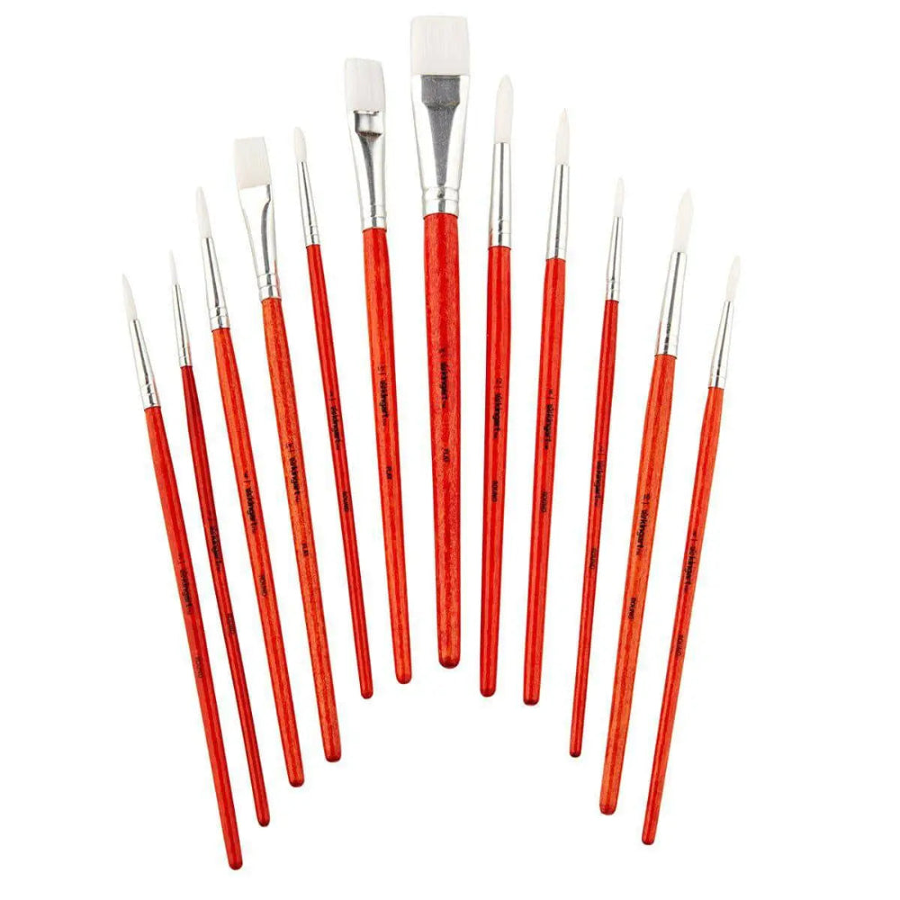 12 paint brushes with red handles and white bristles on a white background