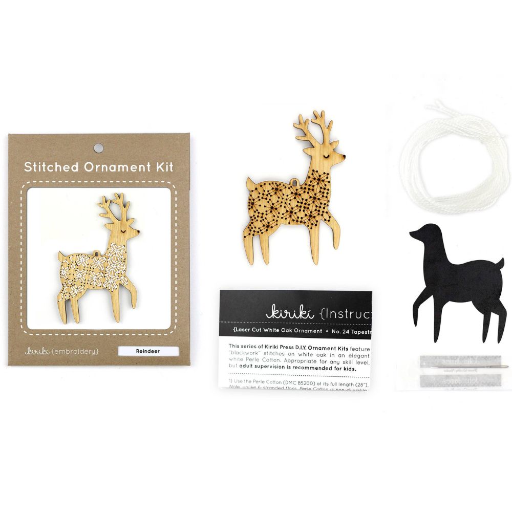 Stitched ornament kit with deer design on a white background