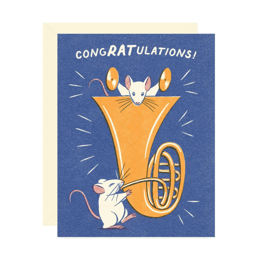 A card with a blue background illustrated with a rat playing the horn, with another rat inside the horn with two cymbals. Text on the top reads "CongRATulations!". A beige envelop is behind the card. 