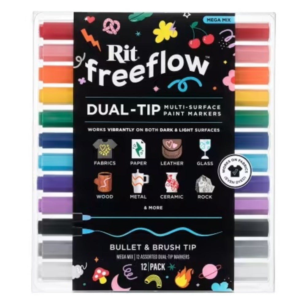 Colorful fabric markers inside clear plastic packaging with a label that reads "Rit freeflow"