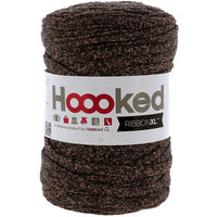 Ball of brown yarn with 'Hoooked' label on a white background