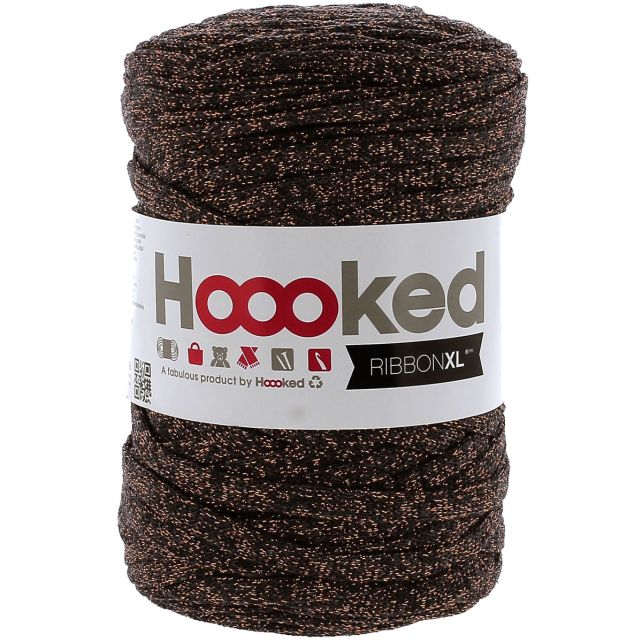 Ball of brown yarn with 'Hoooked' label on a white background