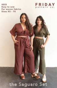 Two models in matching sets, one in brown and one in red, on a gray and white background with Friday Pattern Company branding and text.