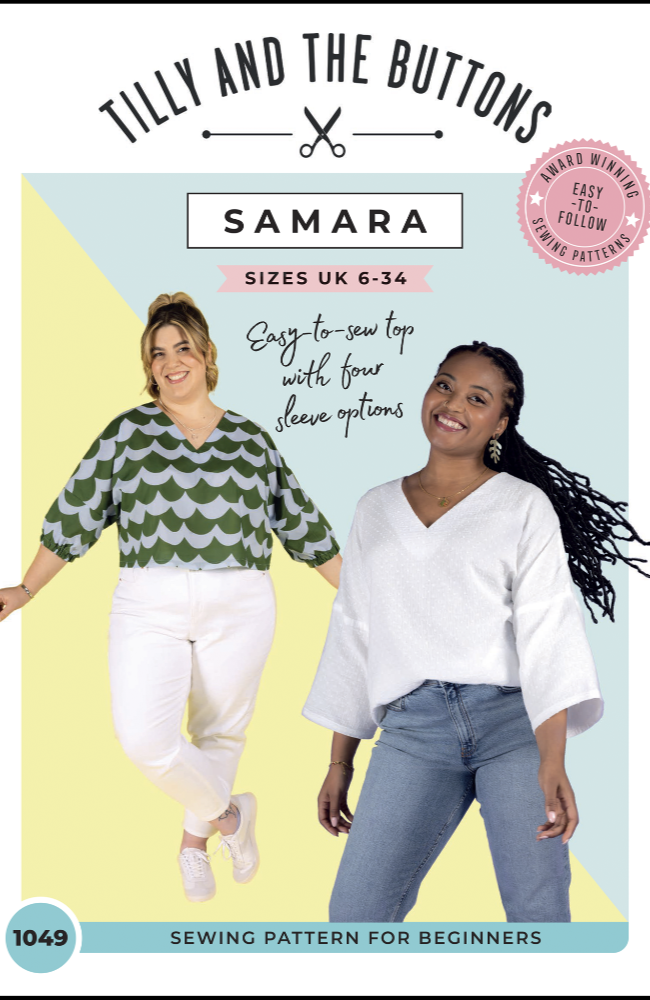 Two models wearing the Samara top on a blue, yellow, and white background with Tilly and the Buttons branding and text