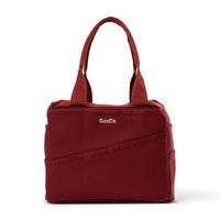 Red handbag with 'Soolia' branding on a white background