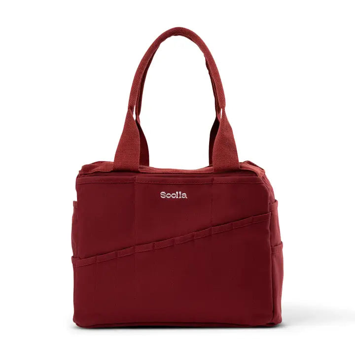 Red handbag with 'Soolia' branding on a white background