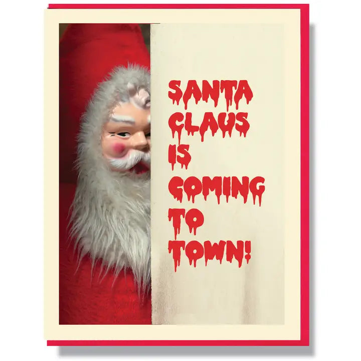 Card with Santa Claus peeking out and 'Santa Claus is Coming to Town!' text.