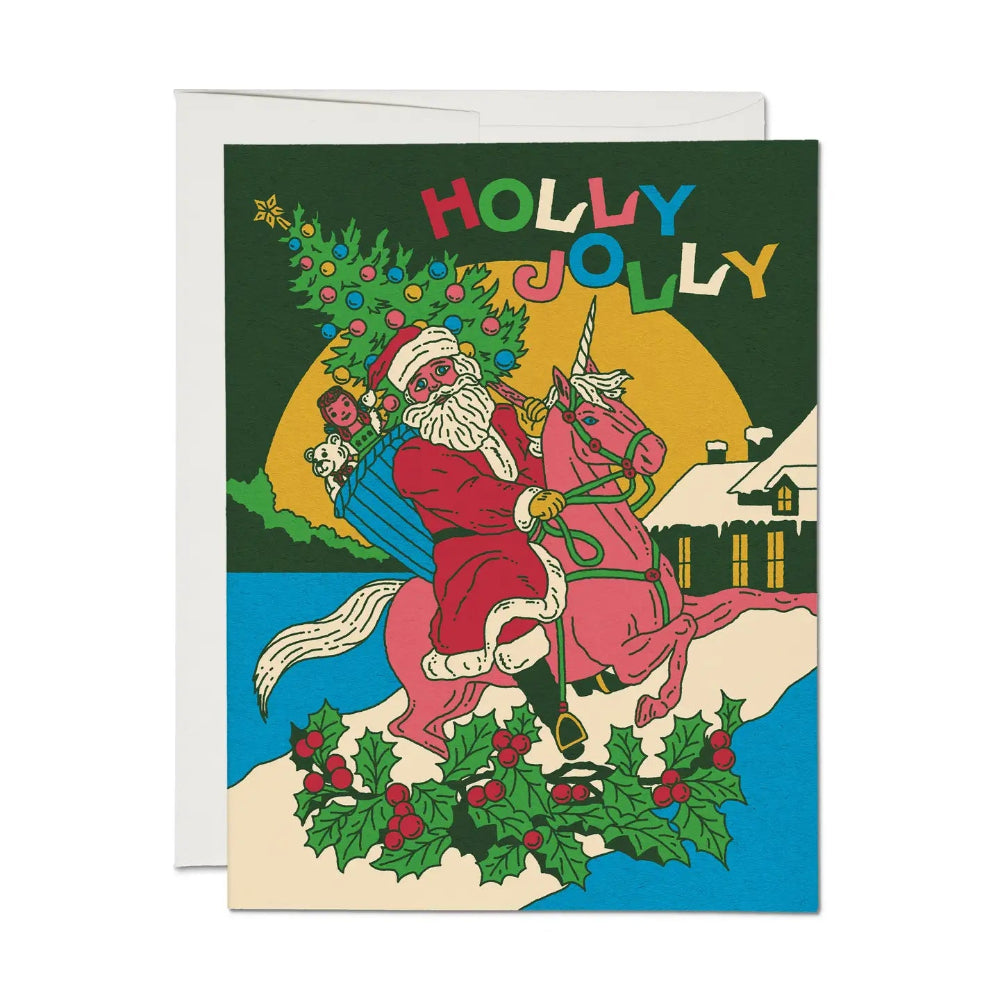 Holly Jolly Christmas card with Santa Claus and unicorn illustration