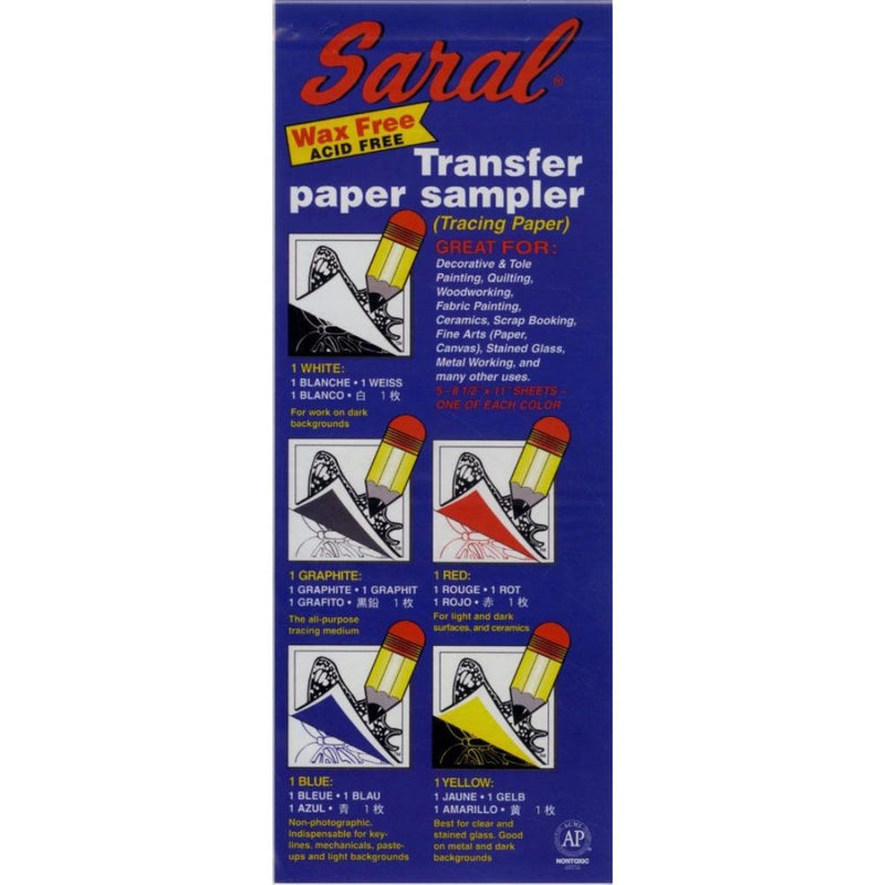 Saral transfer paper sampler packaging with illustrations of paper usage on a white background