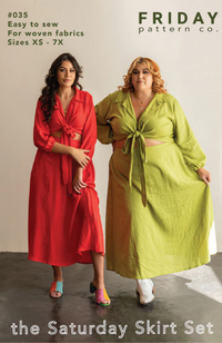 A standard size model dressed in a red skirt and shirt set and a plus size model dressed in the same set in green. Set on a white and gray background with Friday Pattern Co. branding and text.