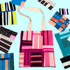 Colorful patchwork tote bag with fabric swatches on a light blue background