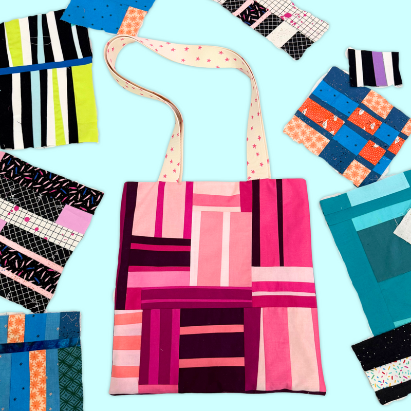 Colorful patchwork tote bag with fabric swatches on a light blue background